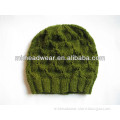 Woman green soft alpaca wool hand knitted hat for winter